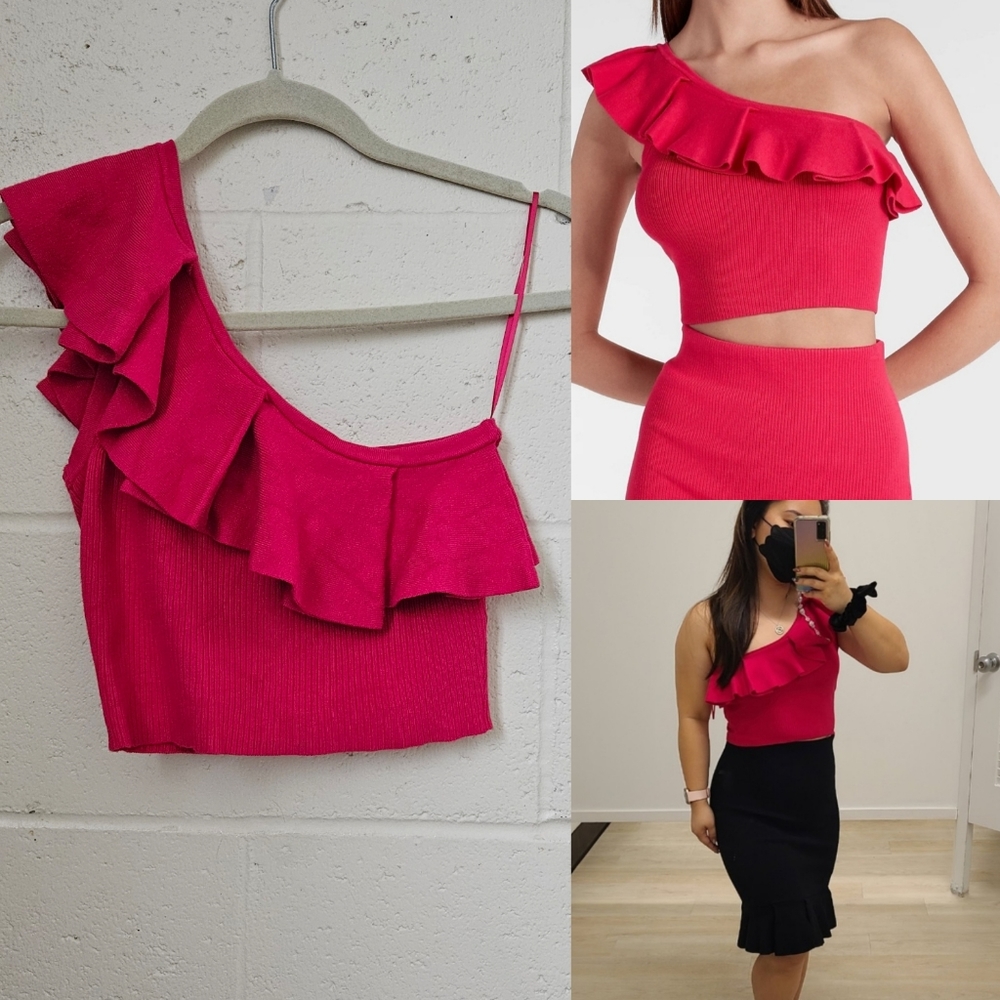 Express Pink Ruffle One Shoulder Cropped Sweater Tank